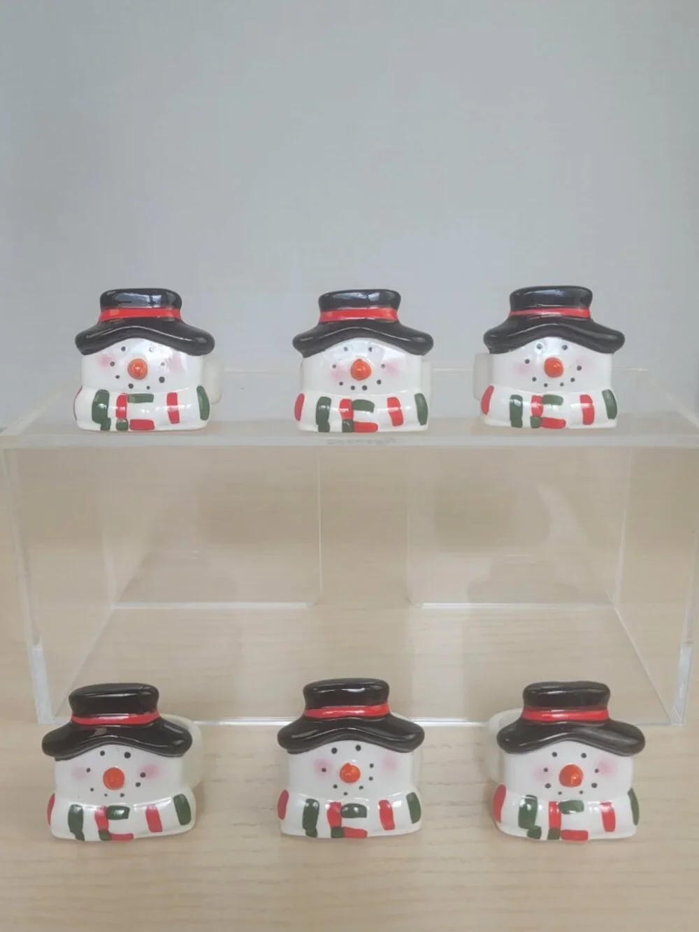 Vintage Ceramic Snowman Retro Holiday Table Decor Napkin Rings Set of 6